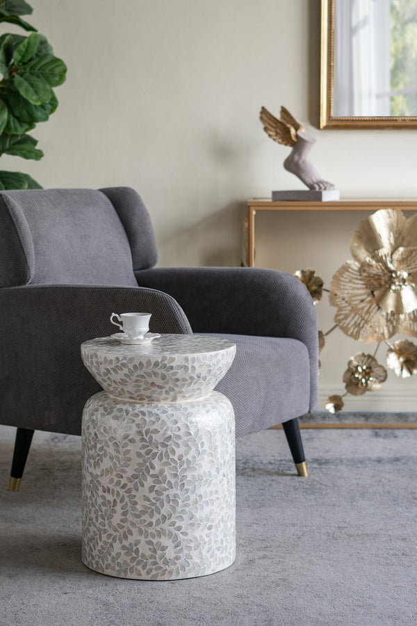 English Elm 14x14x20" Decorative Drum Stool with Starburst Capiz Shell Inlay for Elegant Living Rooms White W2078P326590