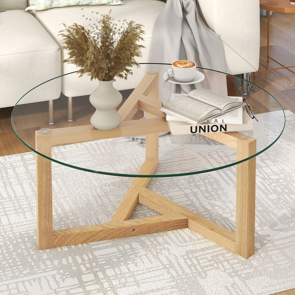 English Elm [New Round Glass Coffee Table] 8mm Tempered Top, Sturdy Tripod Wood Base, Modern Easy Assembly, Natural Finish WF293702AAA