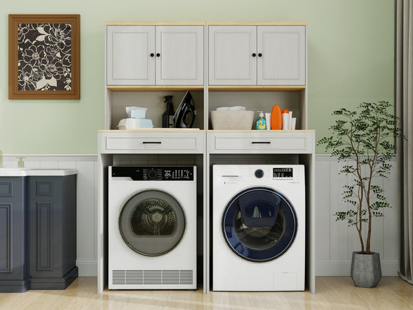 English Elm Over the Washer and Dryer Storage Cabinet Antique White — Space-Saving Laundry Organizer with Adjustable Shelf, Faux Drawer, Sturdy MDF Build (46" x 27" x 7") W1120P327070