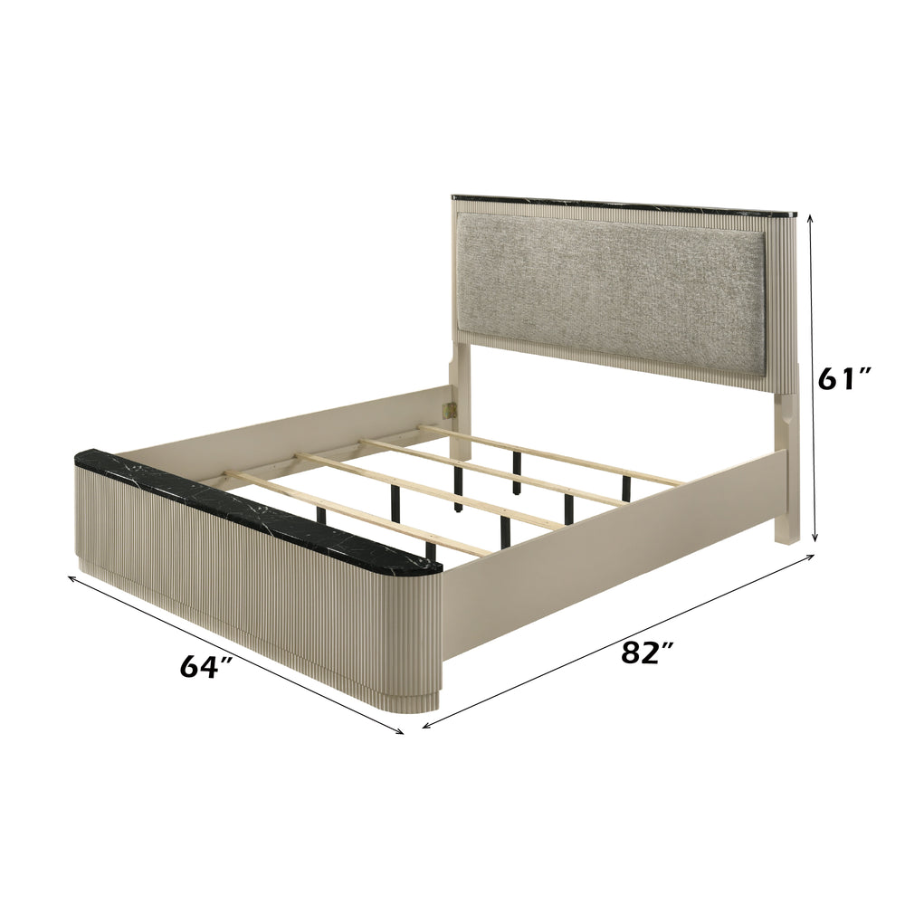 English Elm Travonte Queen Bed with Gray Linen Padded Headboard, Beige Marble Accents, Rubberwood Frame, 660lb Capacity B2726S00566