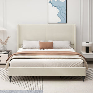 English Elm King Upholstered Bed Frame with Tall Bouclé Headboard, Solid Wood Feet, 12-Slat Support, 1000lb Capacity Beige 81.3 L x 31.5 W x 8.27 H W1716P335675