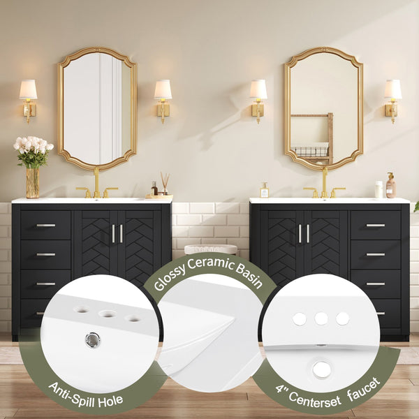 English Elm 72'' Bathroom Vanity With Ceramic Sink - Solid Wood Freestanding Storage Cabinet & Soft-Close Drawers N710SS00015B