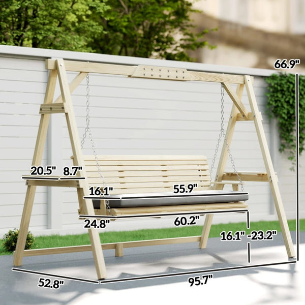 English Elm Chic Fir Wood Porch Swing Seat for Three with Side Trays and Adjustable Chain Natural Wood T3971P466695