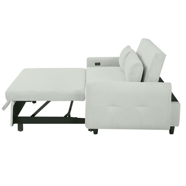 English Elm 57.48" Pull-out Sofa Bed Loveseat with USB Ports, Corduroy Upholstery, Pocket Spring Comfort, Compact Convertible Sleeper Pale Green N719P185194E