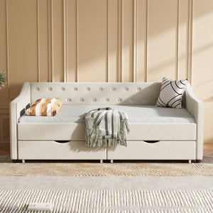 English Elm Twin Size Daybed With Storage Drawers - Elegant Beige Upholstered Sofa Bed With Tufted Design W2336S00031-GIGA