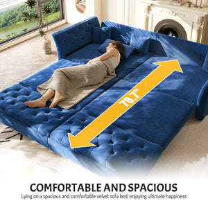 English Elm 100" Oversized Velvet Sleeper Sofa with Floral Tufted Cushions for Living Room Blue W1885S00303