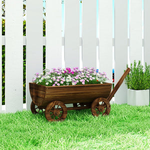 English Elm Outsunny Carbonized Fir Wood Wagon Planter on Wheels Rustic Farmhouse Garden Cart W2225P485575