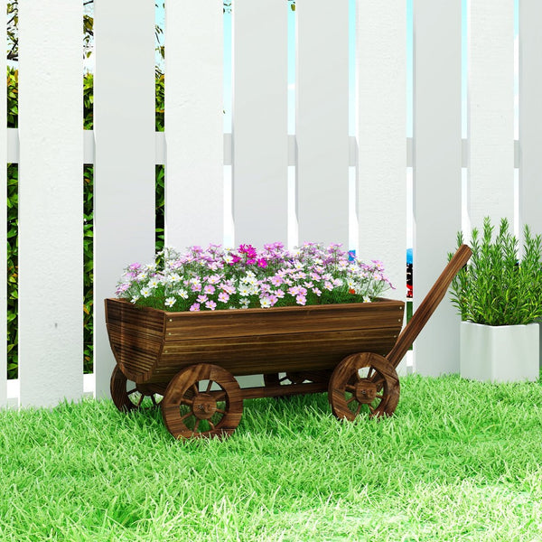 English Elm Outsunny Carbonized Fir Wood Wagon Planter on Wheels Rustic Farmhouse Garden Cart W2225P485575