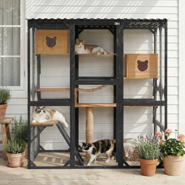 English Elm Outdoor Fir Wood Window Catio Enclosure with Four Climbing Platforms for Cats Black,Brown N719P418377D