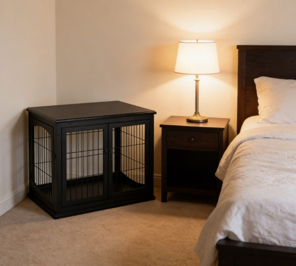 English Elm Small Dog Crate End Table with French Doors Arched Windows and Black Mdf Finish T3971P433245