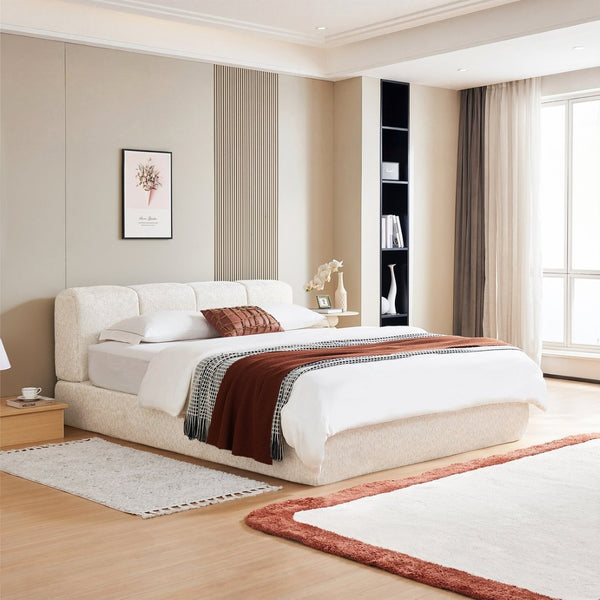 English Elm Queen Chenille Upholstered Cloud Platform Bed No Assembly Low Profile Modern Foundation Cream W1765P448448