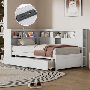 English Elm Twin Daybed with Built-In Shelves, USB Port & Trundle — Solid Pine Frame, Sturdy Storage and Smooth Wheels for Space-Saving Sleep Solutions White GX000467AAK