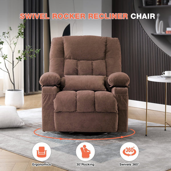English Elm Massage Swivel Rocker Recliner with Heat Lumbar Relief and Usb Port for Living Room Brown W1521P478288