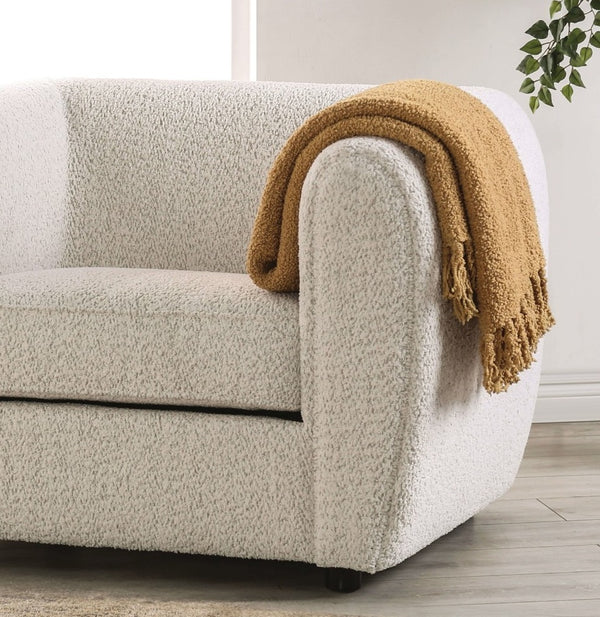 English Elm Box Tuxedo Bouclé Chair with Tall Arms Low Back High-Density Foam Wooden Legs Elegant Off-White B2741P378515