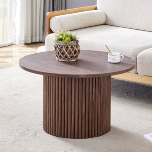 English Elm A modern circular coffee table Walnut MDF with hidden storage, cylindrical textured legs, polished edge detail, 27.5" diameter W1512P410543
