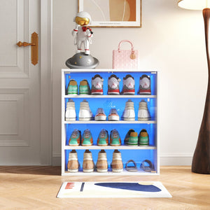 English Elm Shoe Display Case with RGB LED Remote, Tempered Glass Stackable Organizer for Sneakers Showcase White W331P242611