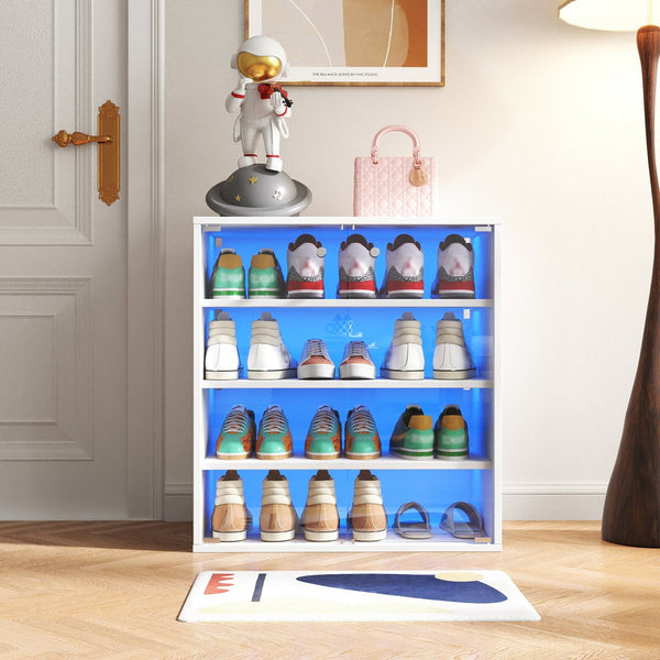 English Elm Shoe Display Case with RGB LED Remote, Tempered Glass Stackable Organizer for Sneakers Showcase White W331P242611