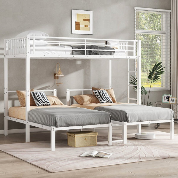 English Elm Twin Triple Bunk Bed Metal L-shaped Frame Sleeps Three Kids White Finish W1580S00567