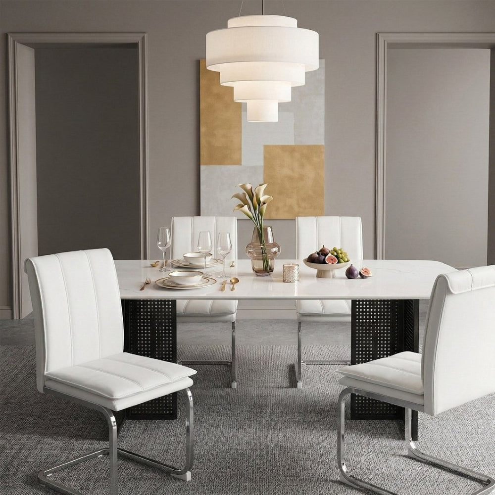 English Elm Modern-style Marble Glass Dining Table Seats Six with Sleek Black Metal Legs W5123P397511