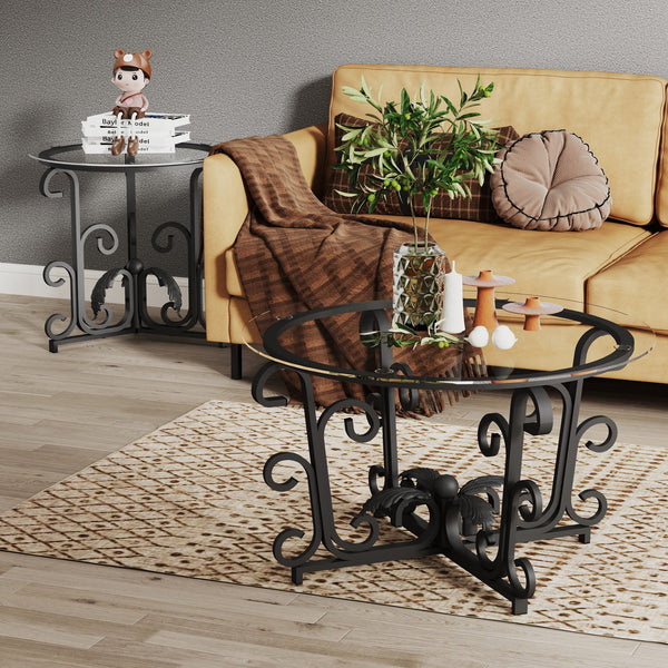 English Elm 3 Piece Tempered Glass Surface Coffee Table Set – Rustic Black 3-tier Round Nesting Tables, Sturdy Stylish Living Room Decor (98) W2167P231401