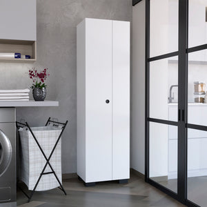 English Elm Lake Broom Slim Storage Cabinet with Inner Shelves, Side Broom Hangers & Bottom Compartment White B200S00400