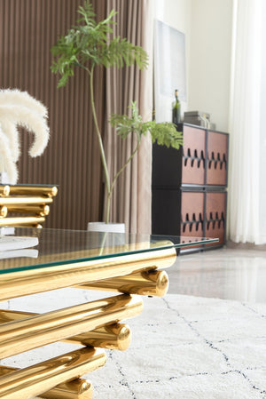 English Elm 55" Modern Stainless Steel Coffee Table with Clear Tempered Glass Top, Gold Finish, Industrial Chic Elegance W2978S00009