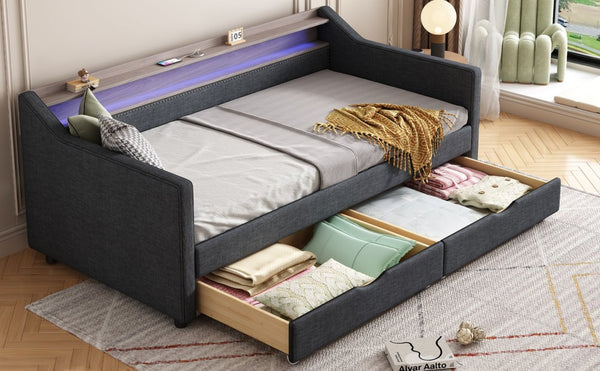 English Elm Twin Size Daybed With Usb Ports, Led Lighting & Storage Drawers For Modern Living Room Decor W2336S00026-GIGA