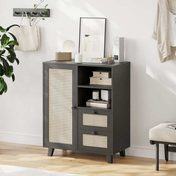 English Elm Rattan Cane Front Sideboard with Drawers Adjustable Shelf Bohemian Storage Cabinet Black T3623P434723