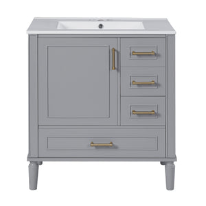 English Elm 30" Elegant Bathroom Vanity with Ceramic Sink, Soft-Close Door & 3 Drawers, Gold Handles, Durable Finish Gray N729P184479E
