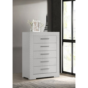 English Elm Pierce Five Drawer Chest with Diamond Emboss Texture and Sleek Contemporary Bedroom Storage Gloss White B062P447671