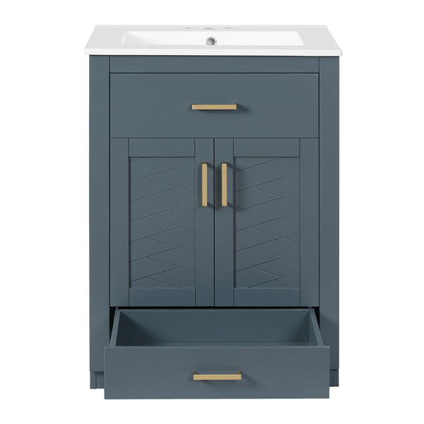 English Elm 24" Stylish Blue Bathroom Vanity With Ceramic Sink, 2 Storage Doors & Tip-Out Drawer For Organization N710P341037C