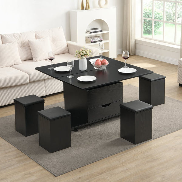 English Elm Christopher Knight Home® - Multi-Functional Lift-Top Coffee Table with Hidden Storage, 4 Stools, Lockable Casters & Desk Space Black N770P309783B