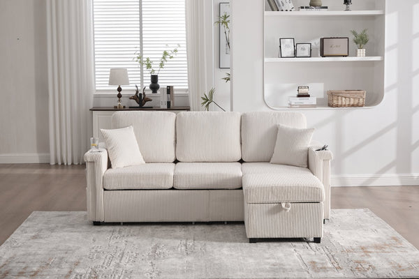 English Elm UNITED Corduroy L-Shaped Sectional Sofa with Storage Ottoman, USB Ports, Cup Holders & LED Lighting Beige W1568P332400