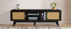 English Elm 63'' Dark Rattan TV Stand with 2 Cabinets, Bohemian Modern Media Console, Solid Wood Legs & Cable Management N710P182433B