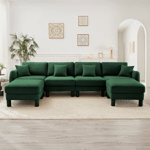English Elm Boucle U Shape Sectional Sofa - 4-Seater With Shell Armrests & Movable Ottomans, Green Elegance W3041S00313