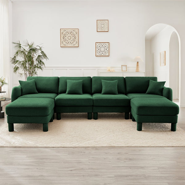 English Elm Boucle U Shape Sectional Sofa - 4-Seater With Shell Armrests & Movable Ottomans, Green Elegance W3041S00313