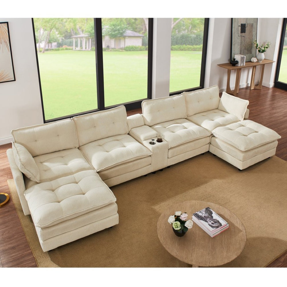 English Elm 154" Corduroy U-shaped Sectional with Ottomans Six Seat Modular Cloud Sofa Usb Console Beige W1998S00101