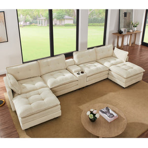 English Elm 154" Corduroy U-shaped Sectional with Ottomans Six Seat Modular Cloud Sofa Usb Console Beige W1998S00101