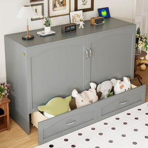 English Elm Queen Murphy Wall Bed with Drawers Usb Charging Ports Pulley Lift Mdf Cabinet Gray LP100671AAE-1