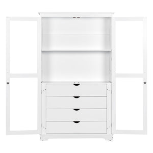 English Elm Topmax Solid Pine Pantry Cabinet with Glass Doors Four Drawers Farmhouse Storage White SP000086AAK
