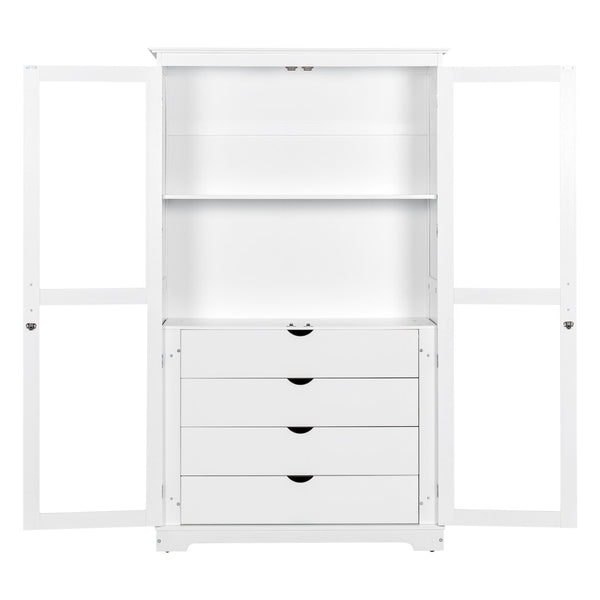 English Elm Topmax Solid Pine Pantry Cabinet with Glass Doors Four Drawers Farmhouse Storage White SP000086AAK