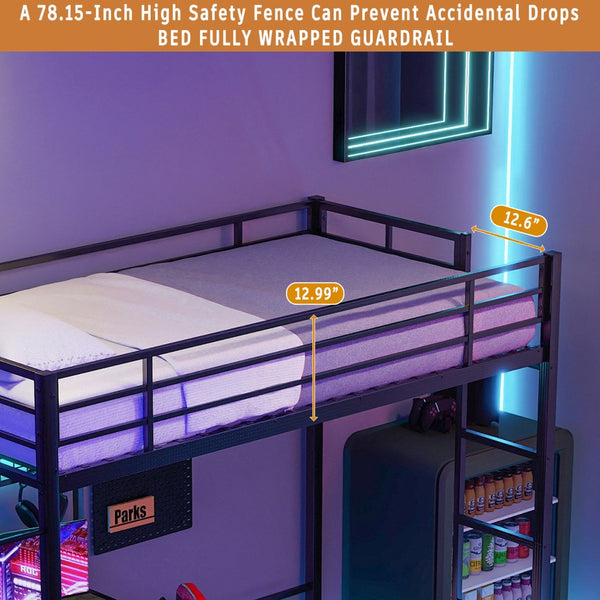English Elm Metal Twin Over Bunk Bed with Full Guardrail Ladder and Convertible Iron Frame W3752S00010
