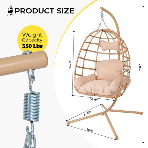 English Elm Egg Hanging Chair with Stand Pe Rattan Swing Seat Washable Cushion 350lb Capacity T5880P497433