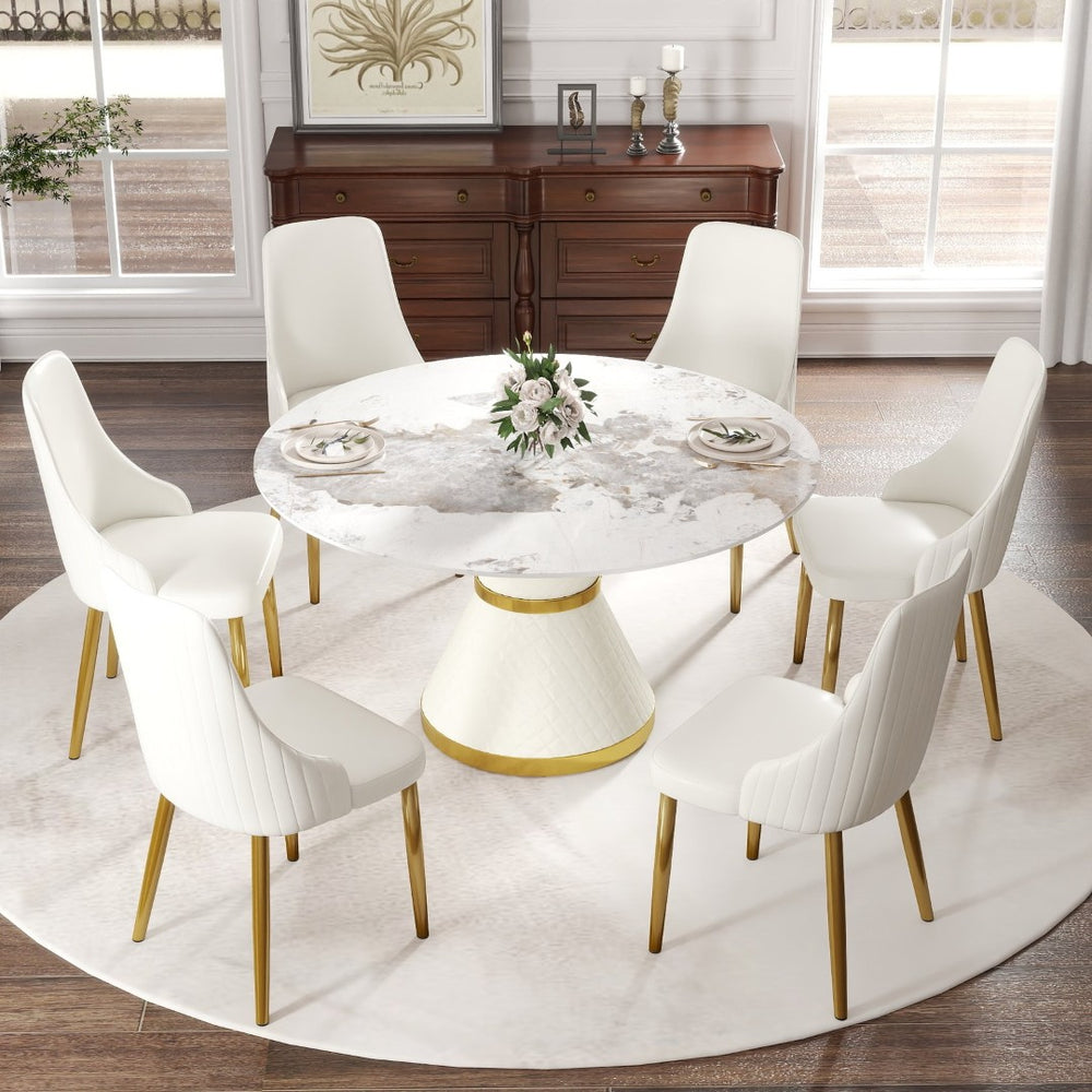 English Elm 53.15"modern Sintered Stone Round Dining Table Seats 6 with Sculptural Steel Pedestal W1535S00628