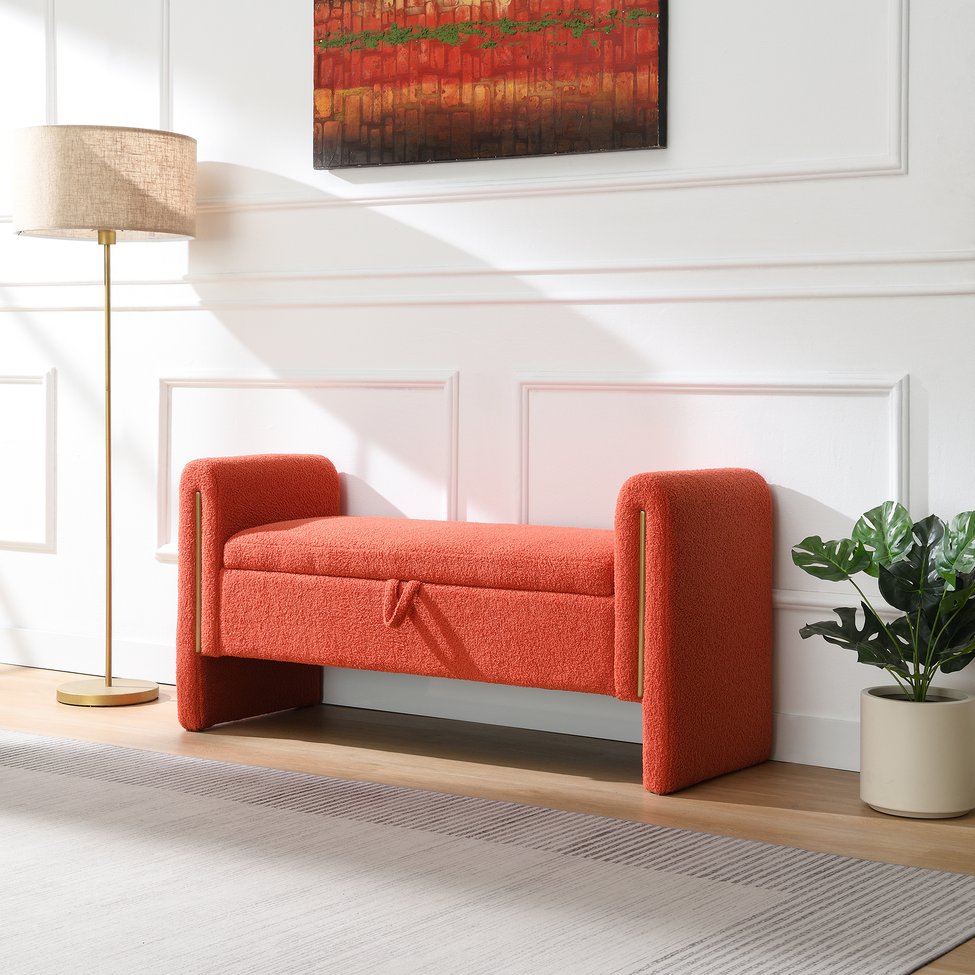 English Elm Modern Teddy Bed End Bench with Arms and Storage Upholstered Teddy Fabric Ottoman with Hidden Space and Plush Seat Orange W2671P303031