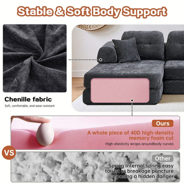 English Elm 104" Boneless Chenille Sectional Sofa with Chaise Deep Memory Foam Seats Living Room Dark Grey W3565S00023