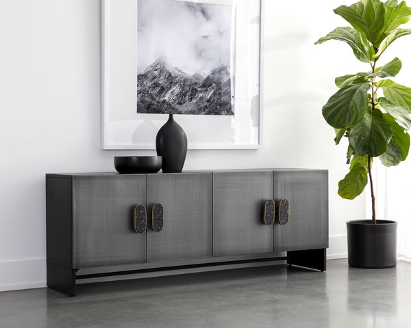 Sunpan Viserys Sideboard - Elegant Black Terrazzo Marble & Antique Zinc Iron Doors for Unique Dining Style