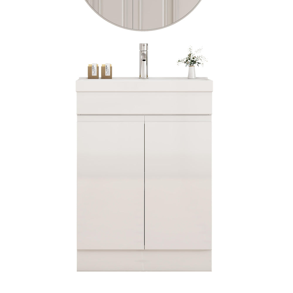 English Elm 24-Inch Bathroom Vanity With Integrated Sink & Mirror, Modern Handle-Free Design, Soft-Close Doors & Storage W3151S00057