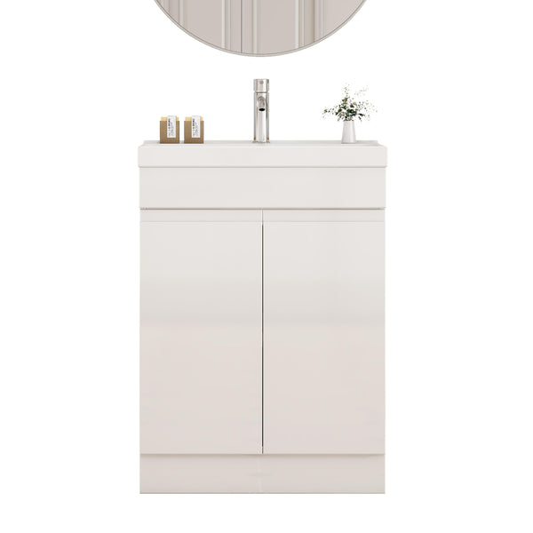 English Elm 24-Inch Bathroom Vanity With Integrated Sink & Mirror, Modern Handle-Free Design, Soft-Close Doors & Storage W3151S00057