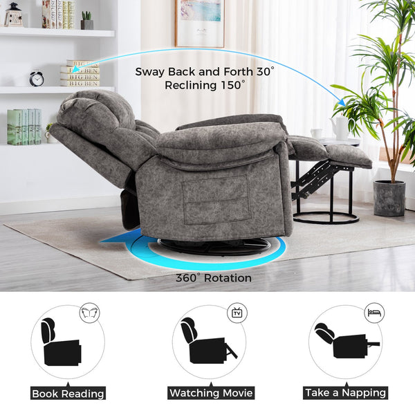 English Elm Swivel Recliner Chair with 8-Point Massage, Lumbar Heat, 360° Swivel, Rocking, USB & Cup Holders Grey W1403P172912